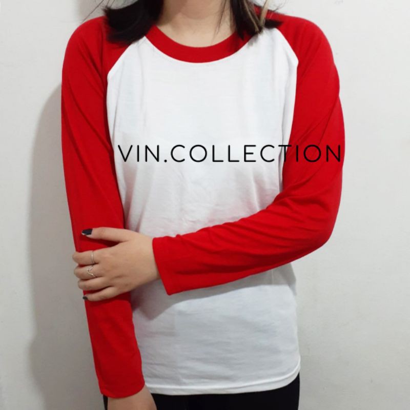 Kaos raglan pria wanita - putih tangan merah