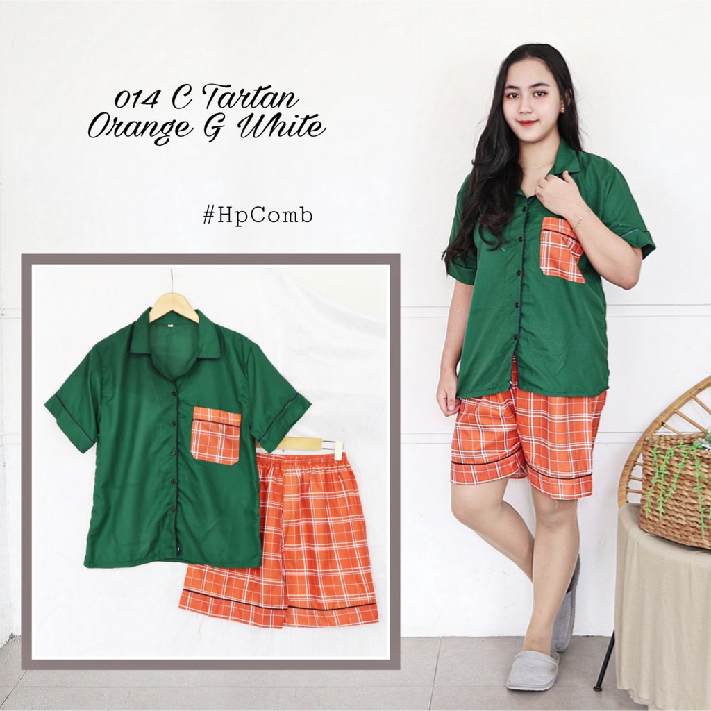 IZANY Piyama Dewasa Hotpant Combina Allsize / HP  Combina Saten Apple LD 100-014 TARTAN ORNGE G W