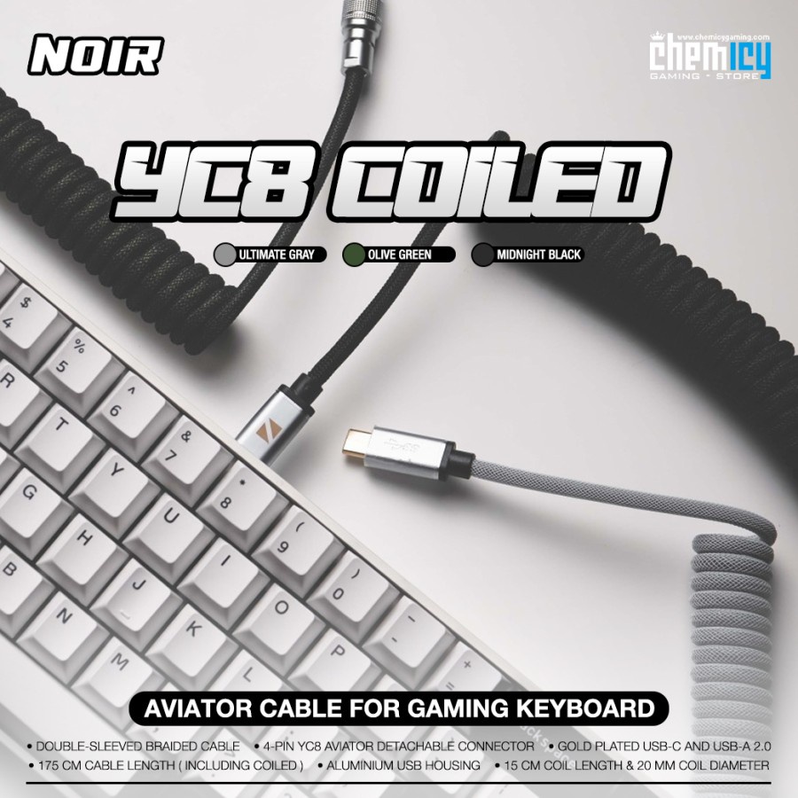 Noir YC8 / YC-8 Coiled Aviator Cable Type-C For Gaming Keyboard