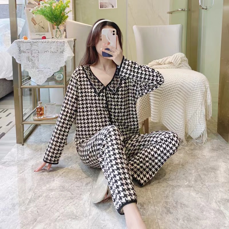 baru houndstooth piyama/baju lengan panjang + celana setelan homewear