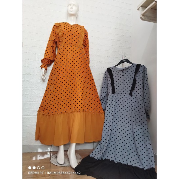 Gamis Wanita Polkadot Rempel Dada Resleting Depan Busui Ala ShellaSaukia Dress Maxi Muslimah Kekinia