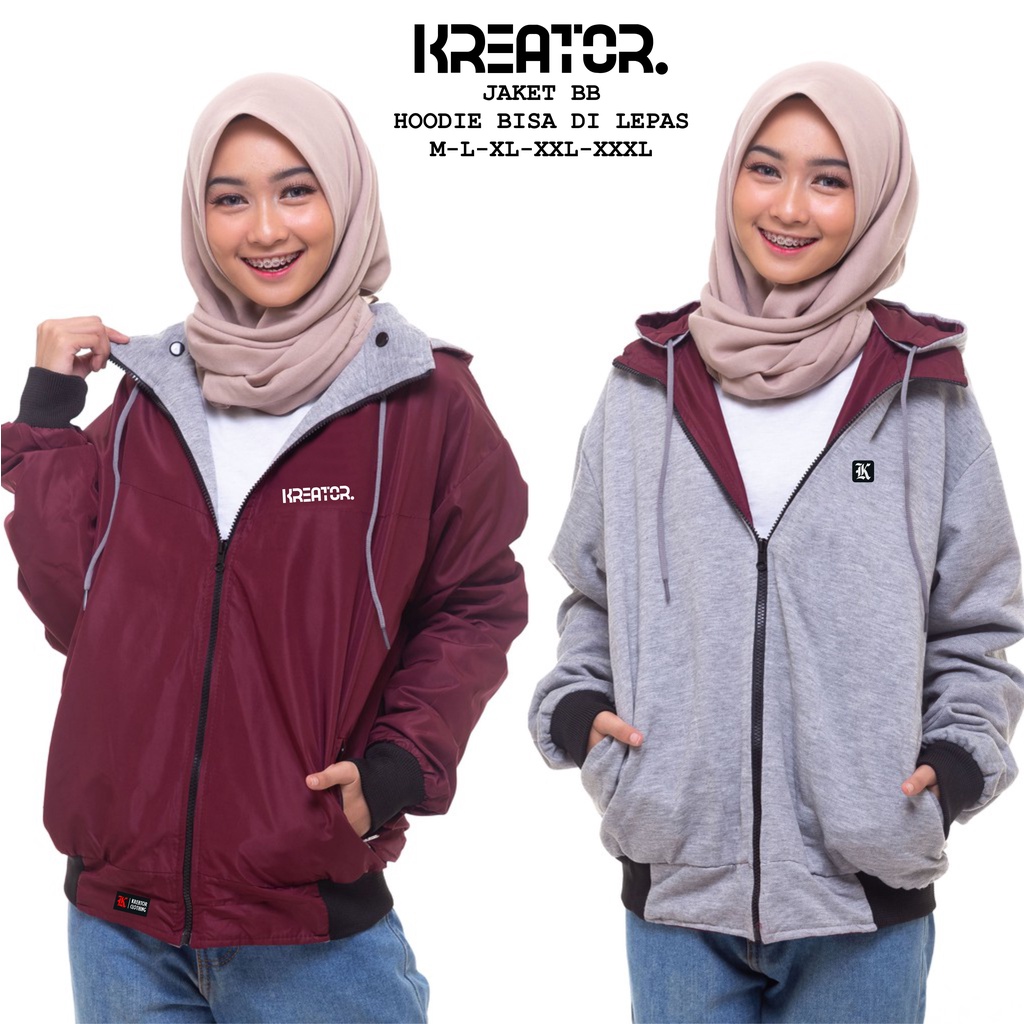 JAKET WANITA BB BOLAK BALIK  PARASUT OUTDOOR GAYA KOREA JACKET WATERPROOF HOODIE BISA DI LEPAS