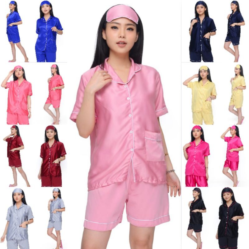 baju tidur cewek dewasa satin polos celana pendek set piyama hotpants wanita LD all size