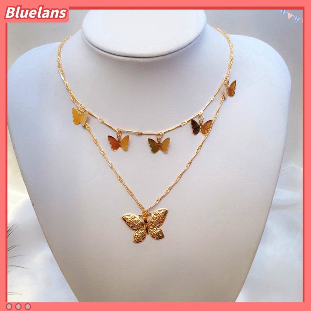 Bluelans Kalung Rantai Choker Klavikula 2 Lapis Dengan Liontin Kupu-Kupu Untuk Wanita