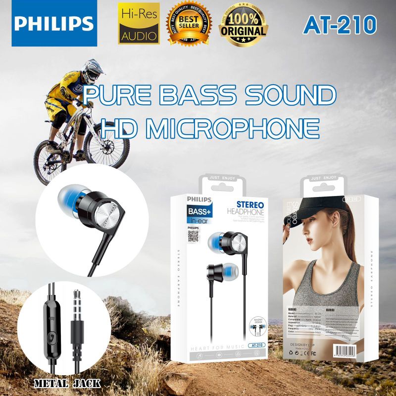 Handsfree Headset Earphone Philips AT-210 Plus Mic Stereo Suara Bagus