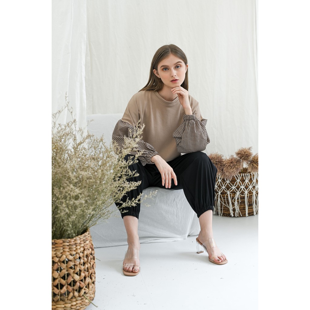 Yoenik Apparel Ghaniyyah Mix Balloon Tops Mocca M15829 R100S6 - Atasan Lengan Balon Blouse Wanita Korea Style-4