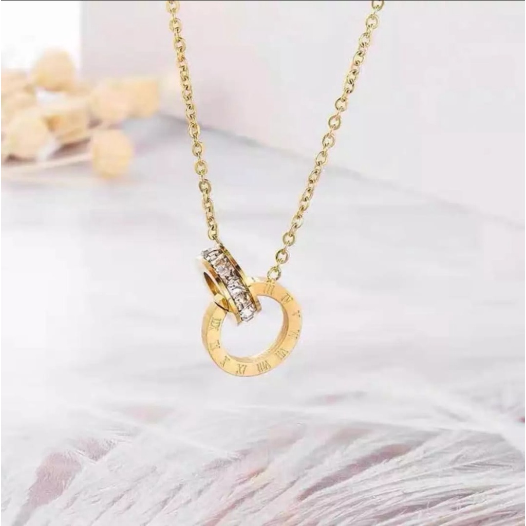 KALUNG TITANIUK WANITA DOUBLE CINCIN ROMAWI ANTI KARAT FASHION KOREA