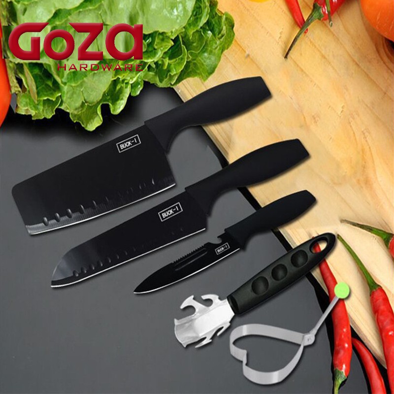 Pisau Dapur Set Isi 5pcs Hitam / Pisau Set Premium Bagus / Kitchen Knife Set [goza Hardware]