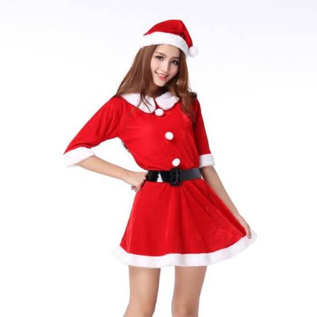 Dress terusan kostum baju santa cewek wanita rok set natal pesta