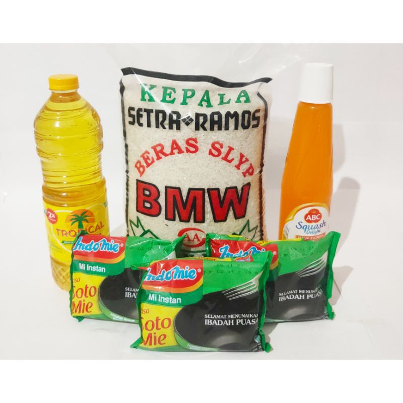 

HAMPERS Paket Sembako Beras Minyak 1L Indomie Soto Sirup Abc