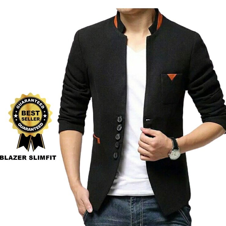 JAS PRIA HITAM MODEL SLIMFIT KERAH MANDARIN ORIGINAL PREMIUM MODEL TERBARU