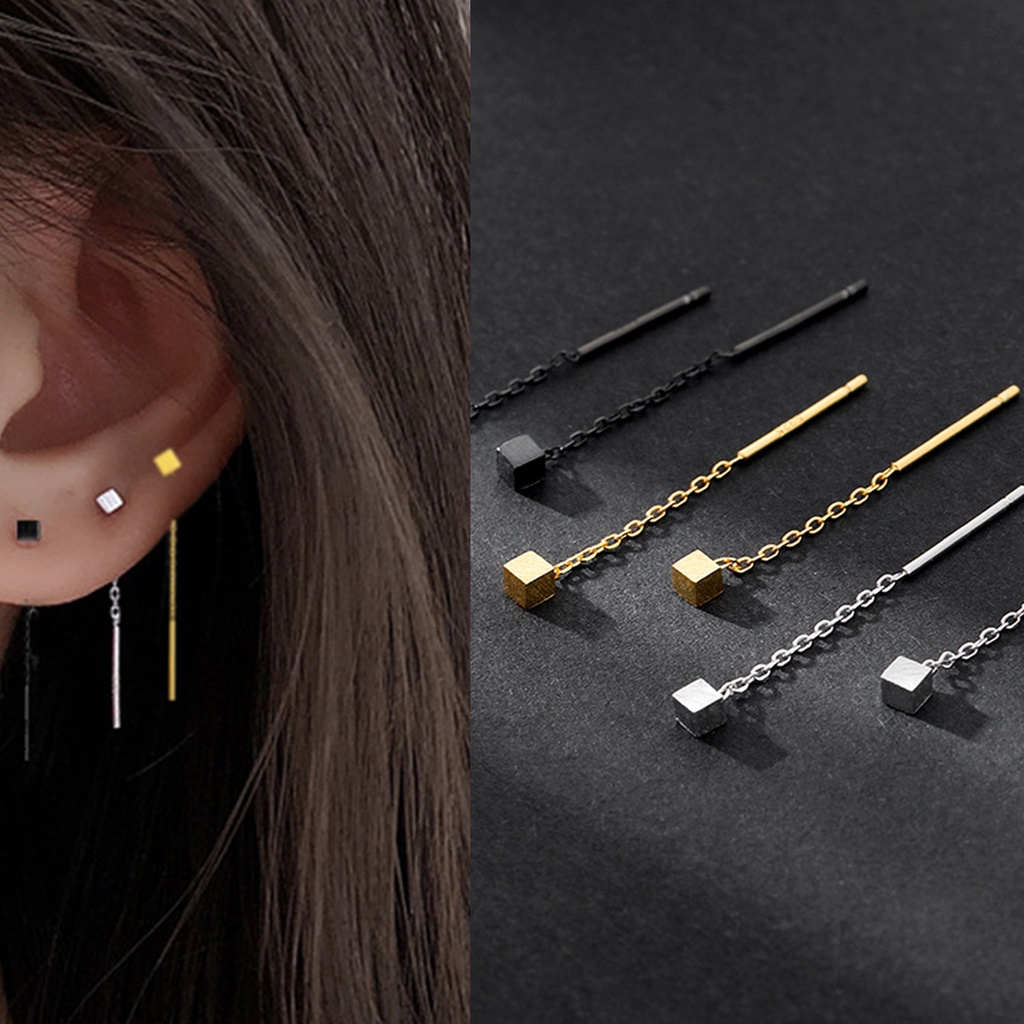 1 Pasang Anting Rumbai Panjang Bentuk Persegi Geometris Warna Silver Gaya Punk Korea Untuk Wanita