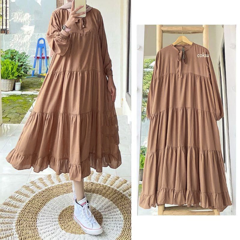 Tunik Midi Dress Rempel Susun Bahan Rayon Premium - Midi Dress Polos Wanita Terbaru