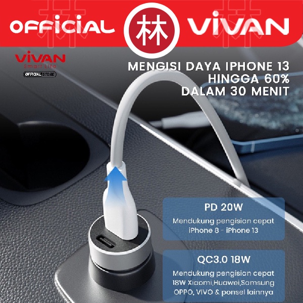 VIVAN VCC02 Car Charger Casan Mobil 2 Port USB-A USB-C 20W 3A QC3.0 PD