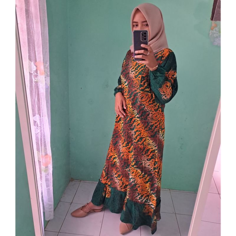 Daster batik cap lengan panjang longdress rempel susun