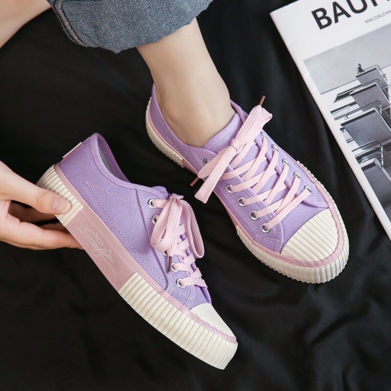 AXELINE IMPORT JOLY SEPATU SNEAKERS WANITA (FREE KAOS KAKI) PASTEL CANDY LILAC HITAM CREAM by axeline-7