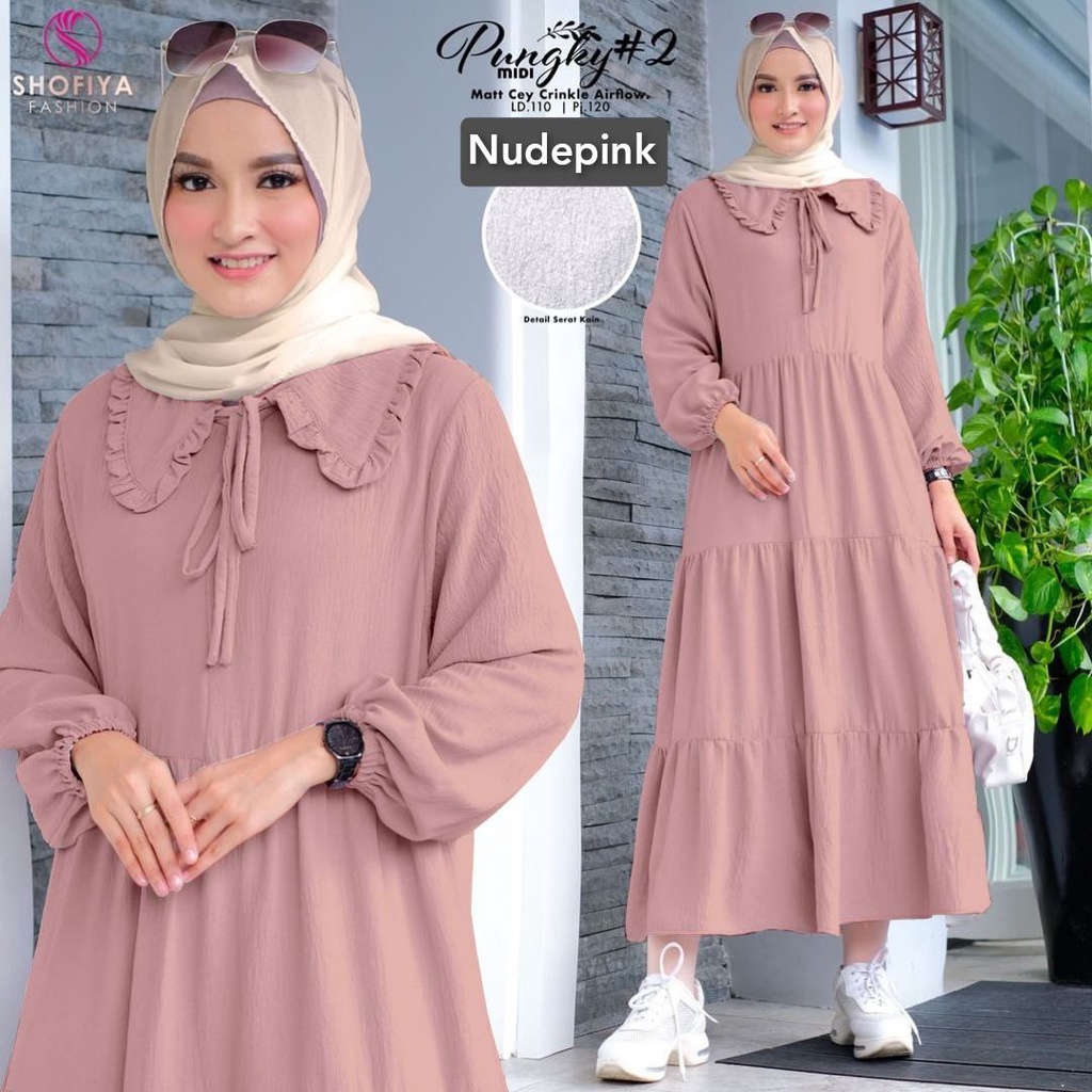 Pungky 2 Gamis Wanita Crinkle Uragiri Premium Dress Wanita Lengan Panjang Karet Susun Baju Wanita Muslim Kekinian LD 110 cm