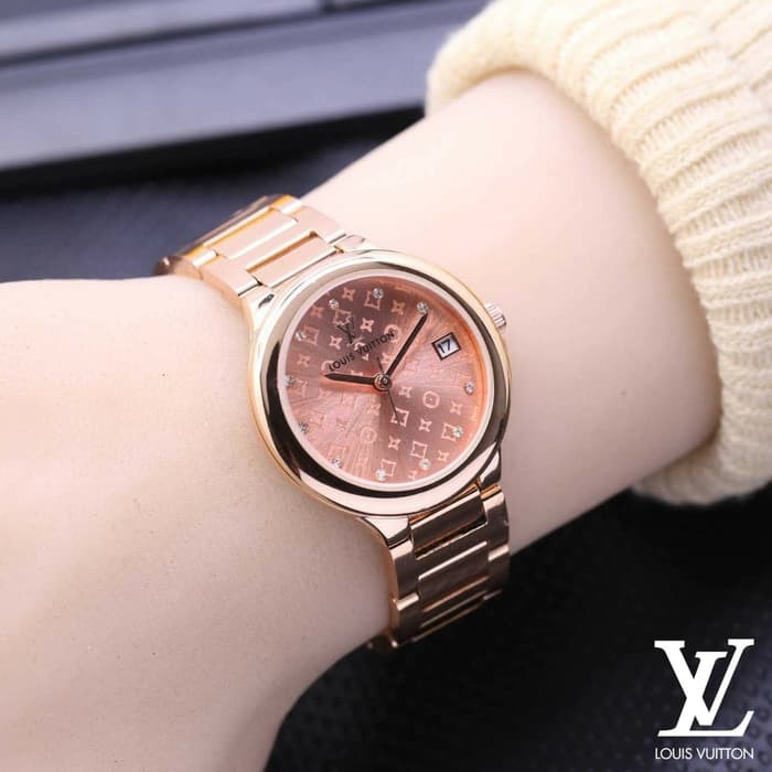 Jam Tangan Wanita Cewek Louis Vuitton LV Logo Rantai Full Rose