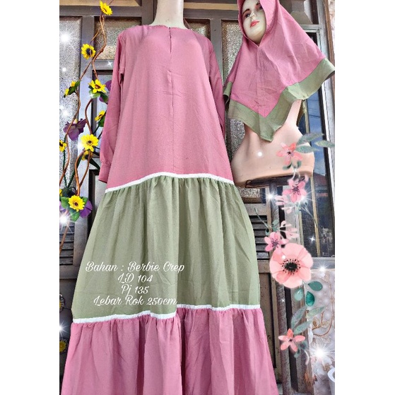Gamis Set Hijab Pink Mix Sage Bawahan Rempel Susun