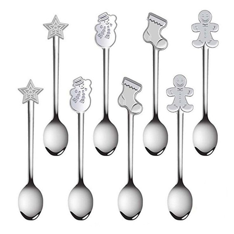 4pcs / set Sendok Dessert Kopi Bentuk Pohon Natal Snowman Bahan Stainless Steel