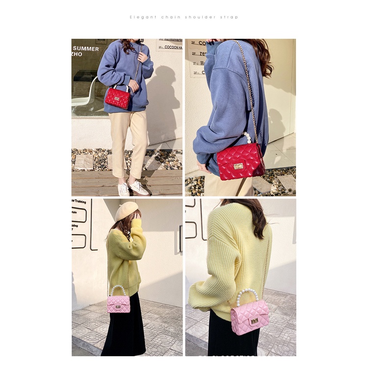 Tas Slempang Mini Dengan Mutiara Bahan Jelly Glossy Tas Pesta Wanita Gaya Korea as Slingbag Jelly Glossy Kecil Rantai Fashion Wanita Murah Azgalery T213