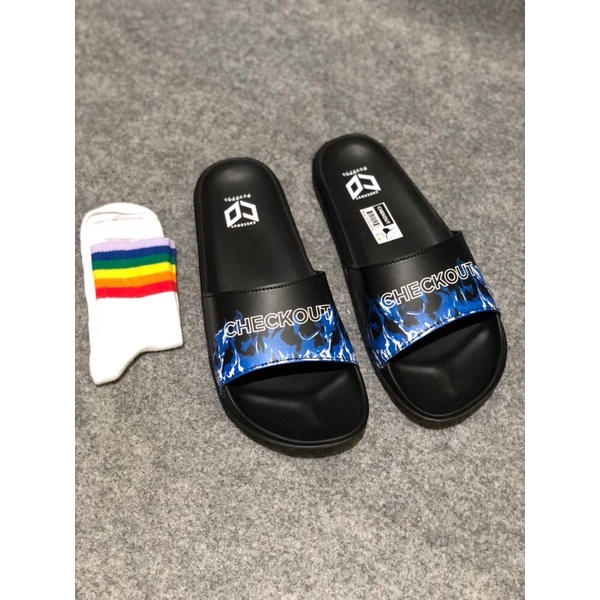 SANDAL SLIDE CHECKOUT FLAME NAVY BLACK PRIA WANITA