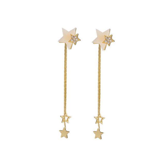 LRC Anting Tusuk Fashion Golden Tassel And Diamond Five-pointed Star Alloy Earrings K88062