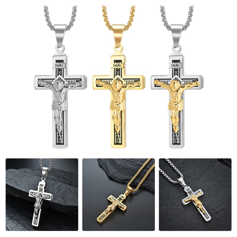 Kalung Rantai Liontin Salib Yesus Bahan Stainless Steel Warna Emas Untuk Pria