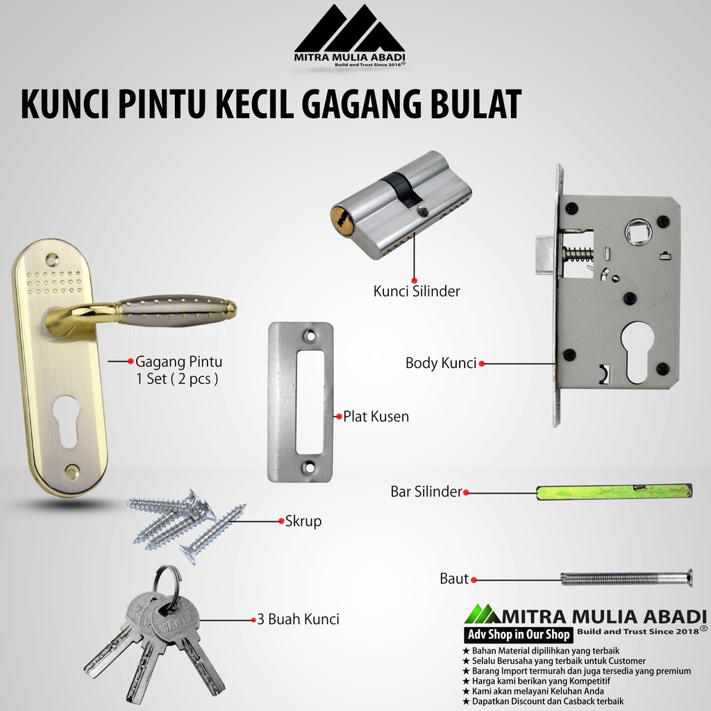 Kunci Pintu Rumah Gagang Bulat Kecil 15cm Napoli doorlock fullset