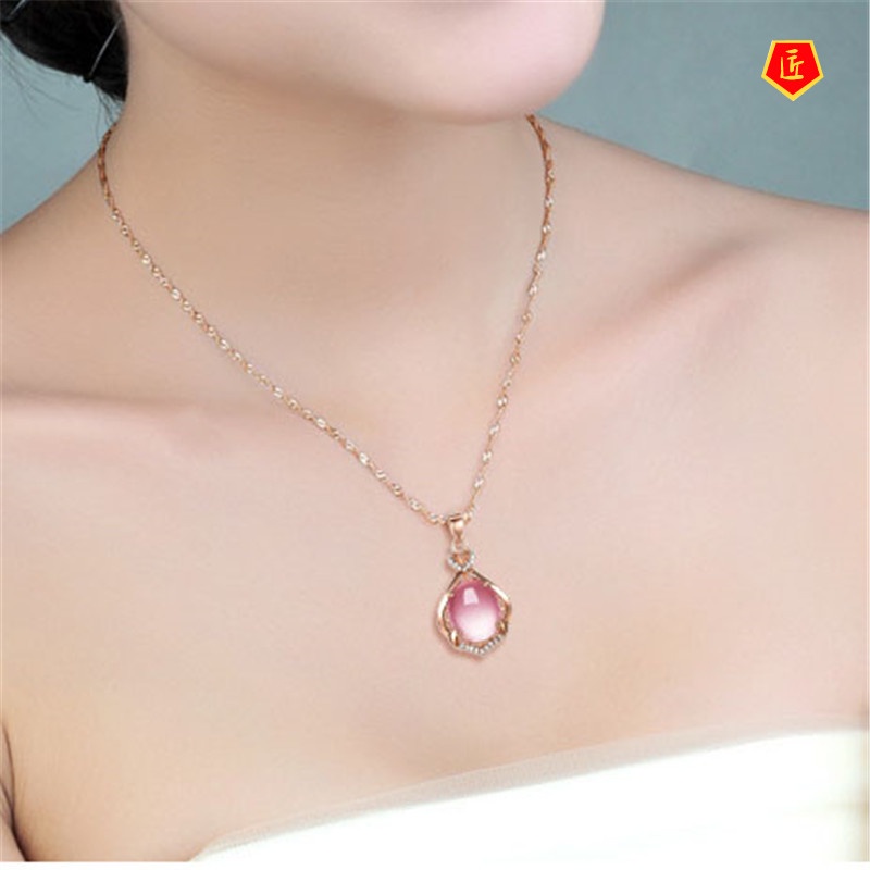 [Ready Stock]Elegant Silver Necklace Female Pink Crystal Pendant for Girlfriend