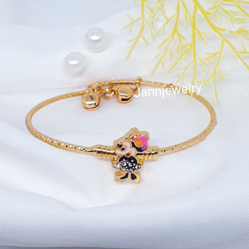 Gelang anak Mickey &amp; kitty fleksibel lapis emas ada bell