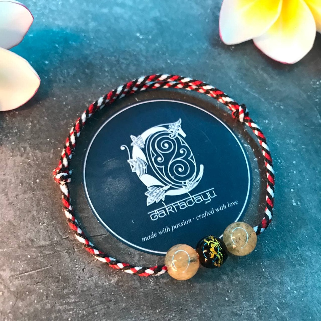 Gelang Tridatu Batu Ukir Naga Emas Onyx Hitam dengan Rambut Sedana asli khas Bali