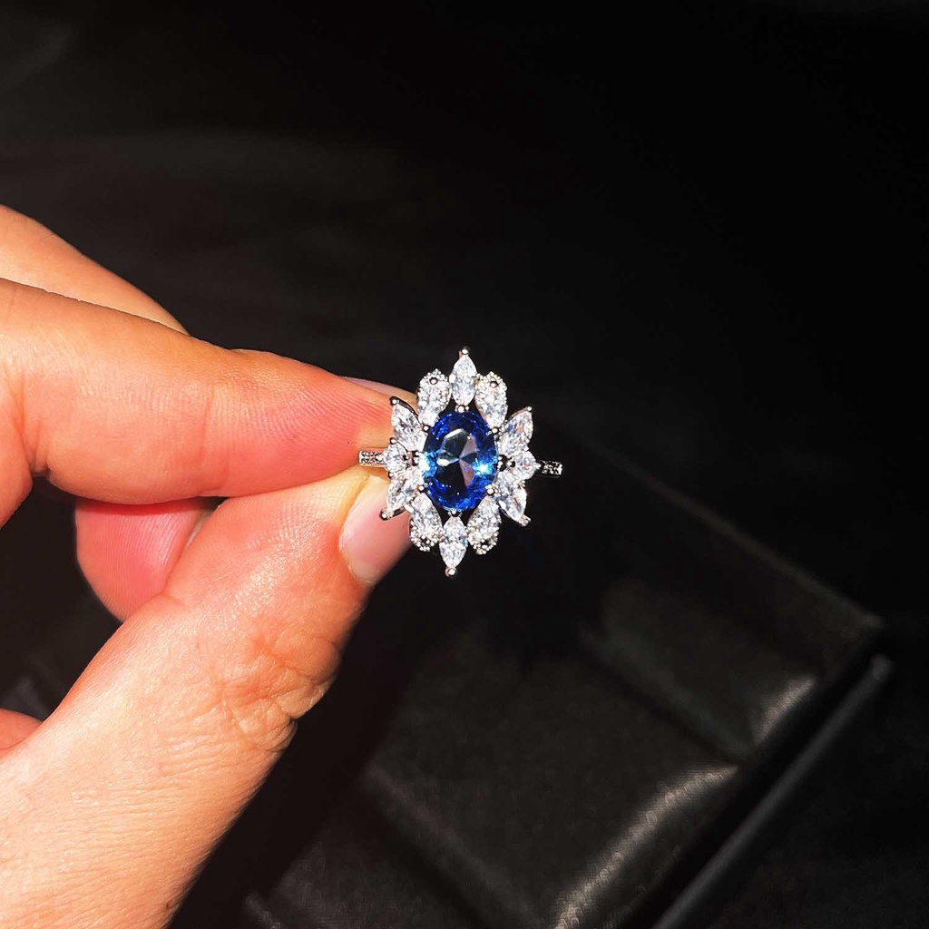 perak asli 925 cincin Wanita Batu Permata Biru Cincin yang dapat disesuaikan Perhiasan Fashion CCB89