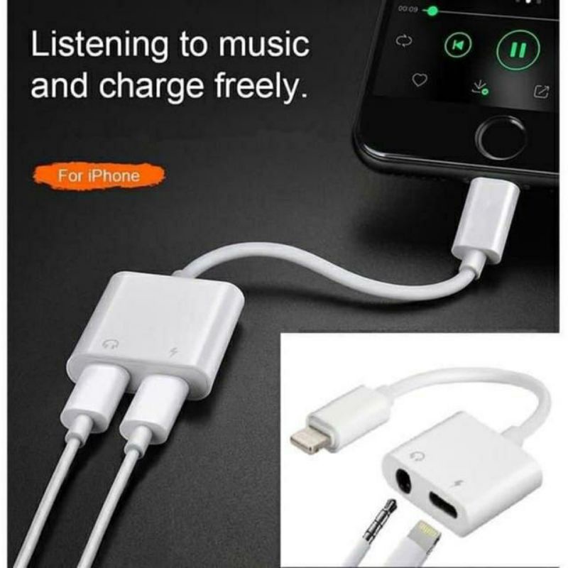 SPLITTER HANDSFREE DUAL Lightnin 3.5MM 2IN1 CONVERTER  SAMBUNGAN AUDIO PLUS CHARGER KUALITAS BAGUS MURAH