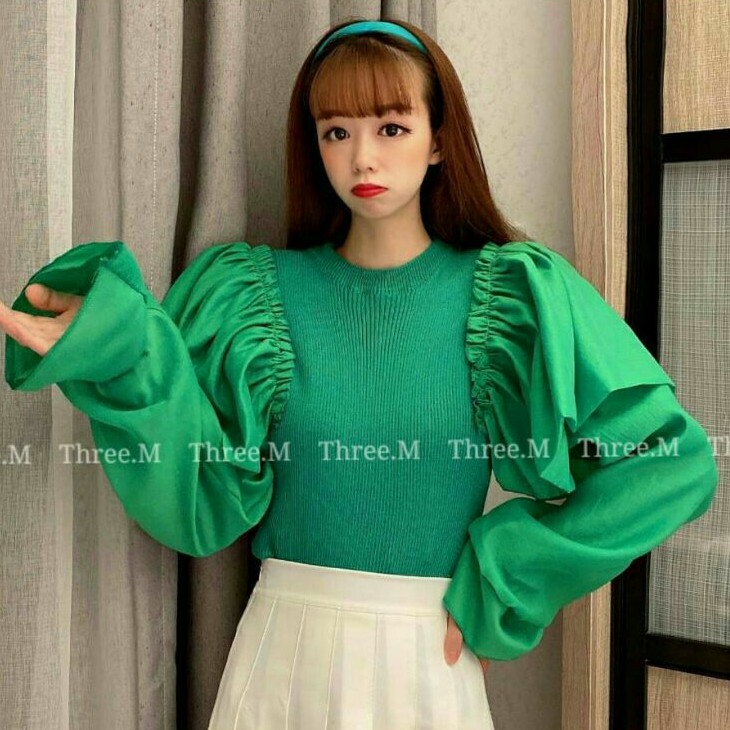 Melisa Sparkle Baju atasan blouse top puff rajut lengan balon cewek baju blouse rajut wanita import