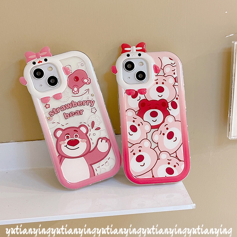 Kartun Strawberry Bear Manyo Couple Case Oppo A17 A96 A57 2022 A16 A5 A9 A54 A3s A7 A5s A12 A53 A17K A74 A95 A16K A52 Reno 4F 5F 5 7 A76 A15 A55 A31 A15S A16s 3D Monster Cover