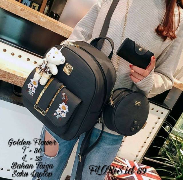 Fashion ransel KULIT PU LEATHER golden flower / fashion wanita / tas ransel murah batam