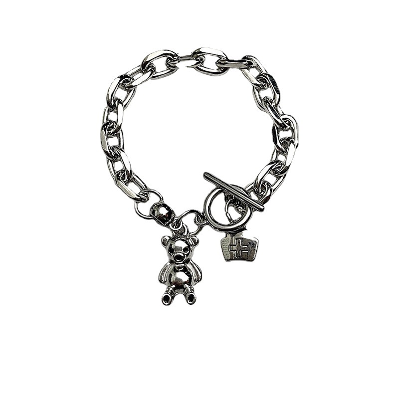 Gelang Tangan Rantai Gaya Korea Retro Hip Hop Aksen Beruang Metalik Untuk Wanita