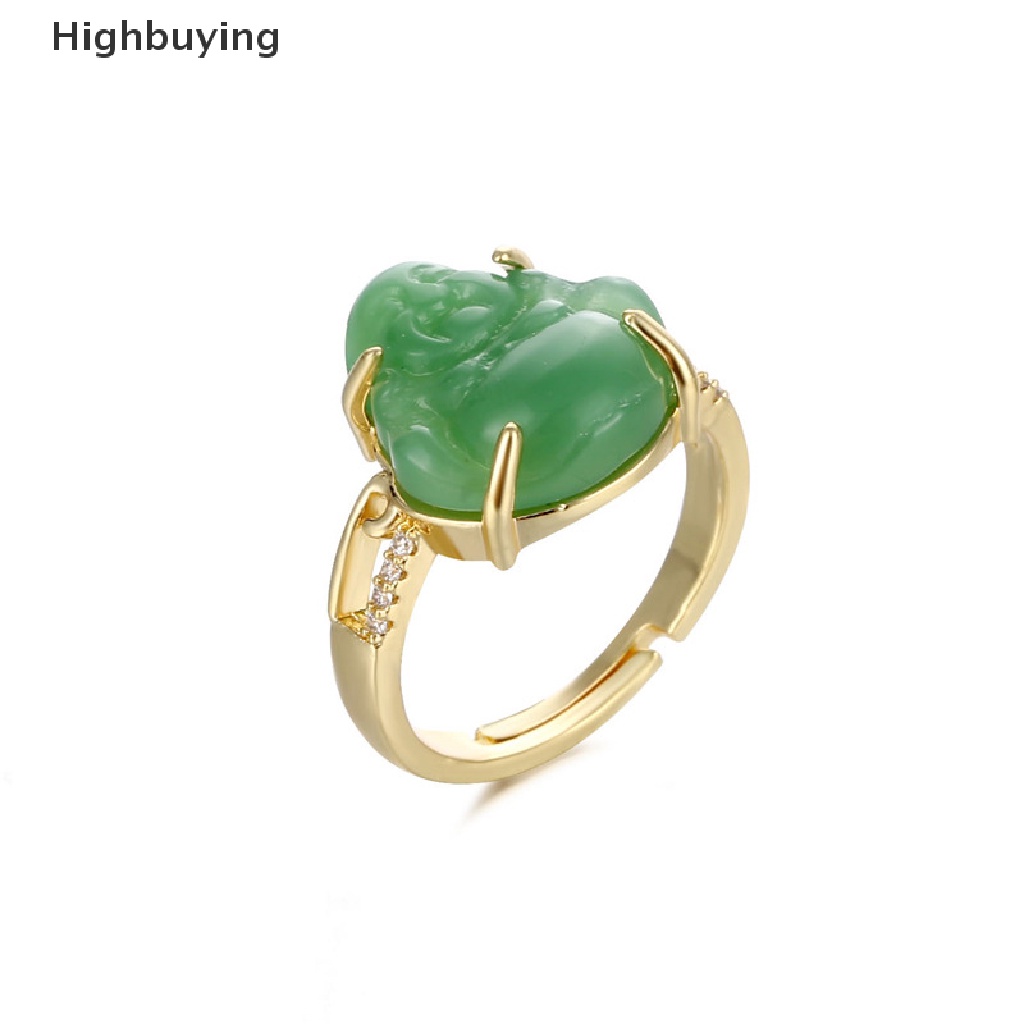 Hbid Cincin Lapis Emas 18k Model Terbuka Adjustable Hias Batu Giok Hijau Untuk Pria / Wanita Glory