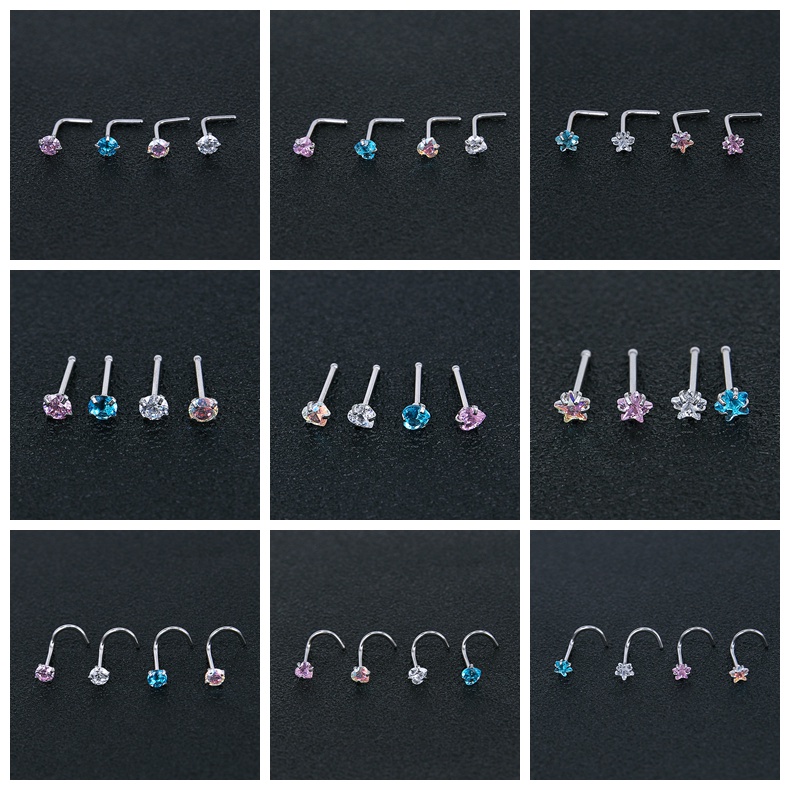 3-12Pcs/lot Stainless Steel Nose Piercing Set Star Heart Crystal Nose Studs L-Shape Nose Stud Nostril Piercing Body Jewelry 20G