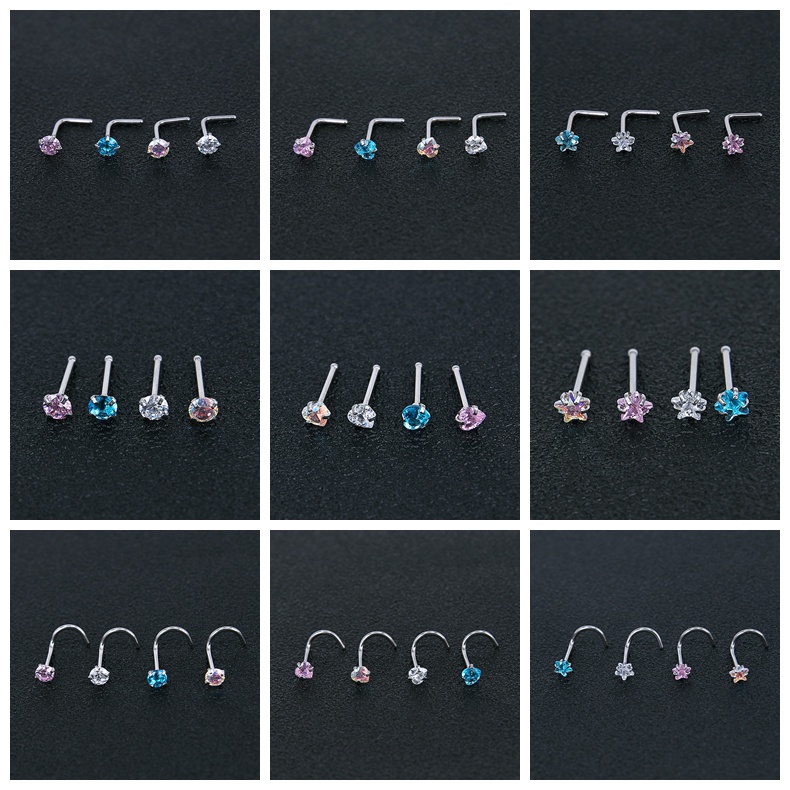 3-12Pcs/lot Stainless Steel Nose Piercing Set Star Heart Crystal Nose Studs L-Shape Nose Stud Nostril Piercing Body Jewelry 20G