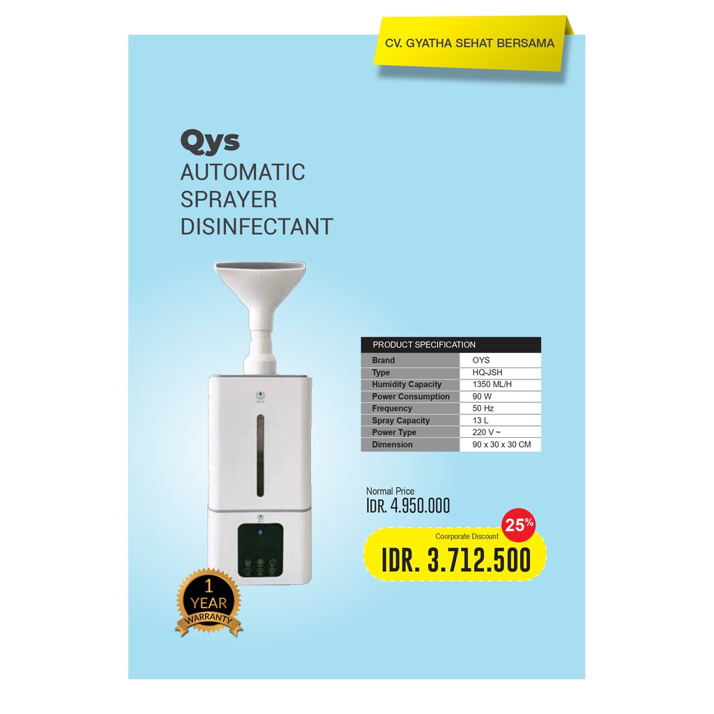 QYS AUTOMATIC SPRAYER DISINFECTANT Type HQ-JSH ; Humidity Cap: 1350 ML