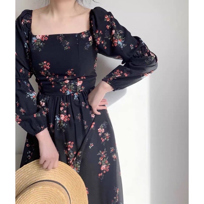 Brooklyn Dress Korean Vintage Floral Summer Pantai Sweet Holiday Outdoor Picnic Hijab Black Gaun Can