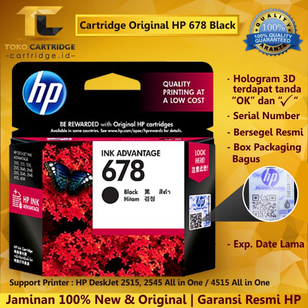 Cartridge HP 678 Black Original Catridge CZ107AA Tinta Printer HP 1515 2515 2645 3545 4645 2545 4515