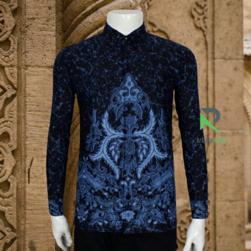 ARKANA BATIK Slimfit Biru Premium Kemeja Baju Pria Lengan Panjang Motif Hitam Biru Elegan Slim Fit