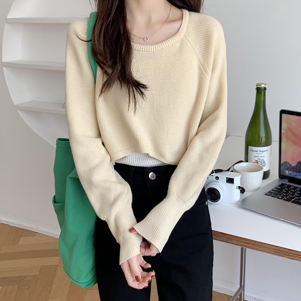 korean sweater crop/croped fashion rajut/atasan kekinian/kemeja rajut lengan panjang