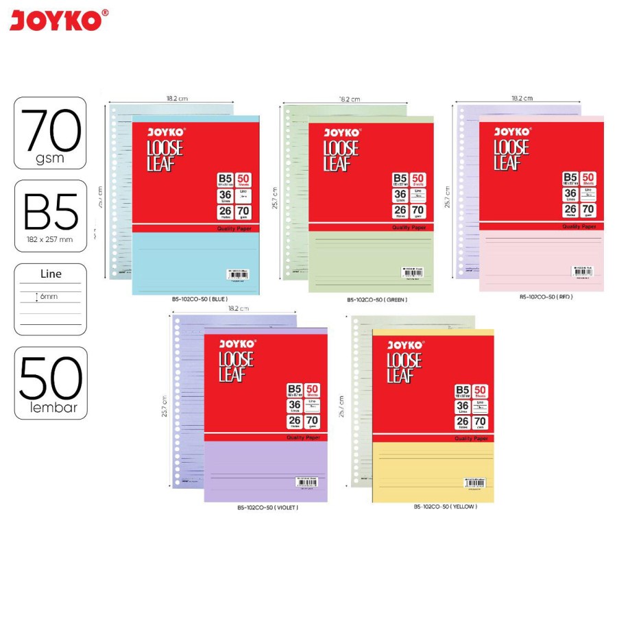 

Joyko Kertas Isi Binder Warna B5 50 lembar / Loose Leaf Color B5-102CO