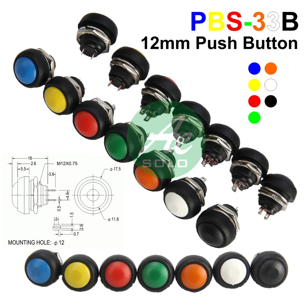 PBS-33B Momentary Push Button 12mm Tombol Tekan Push ON