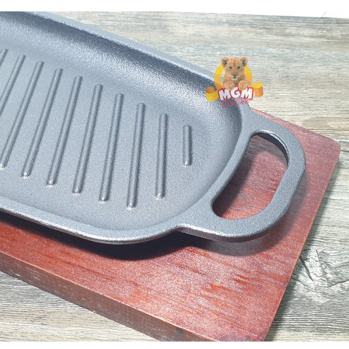 Hotplate Segi Panjang 40cm dgn alas Kayu Iron cast serving plate grill