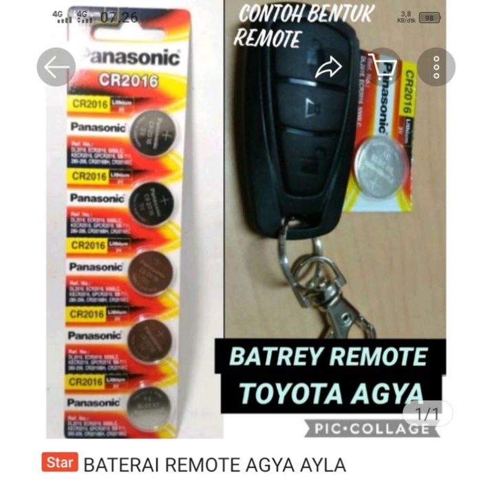 baterai remot mobil Toyota Agya CR2016 hrg utk 2pcs